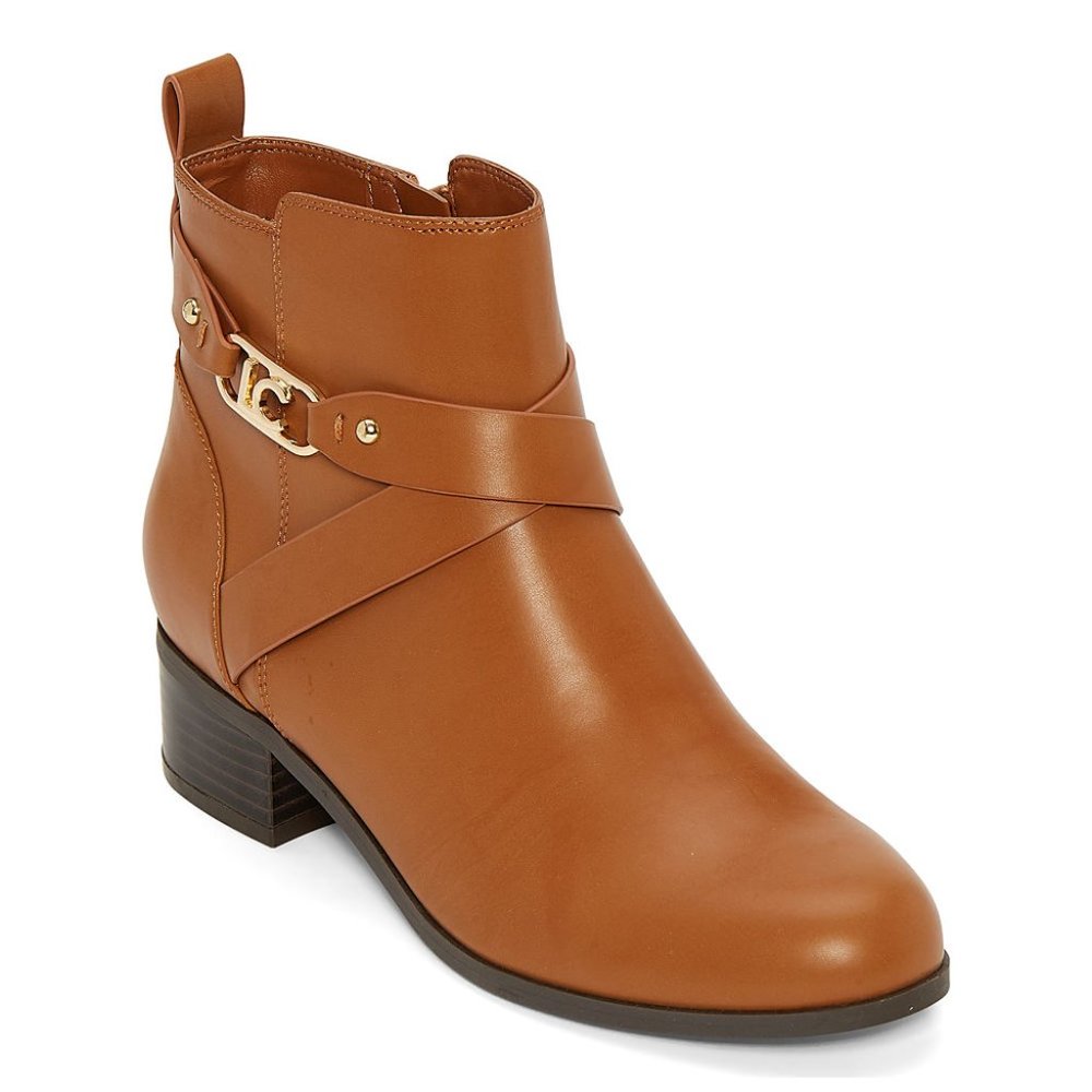 🆕Liz Claiborne Hoyt Memory Foam Booties Luggage Camel Stacked Heel 8M